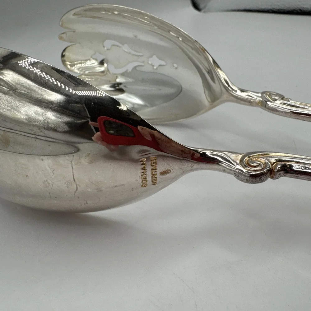 VTG Gorham Heritage Silver-Plate Salad Tongs‎ Servers Slotted Spoon, fork, 10.5